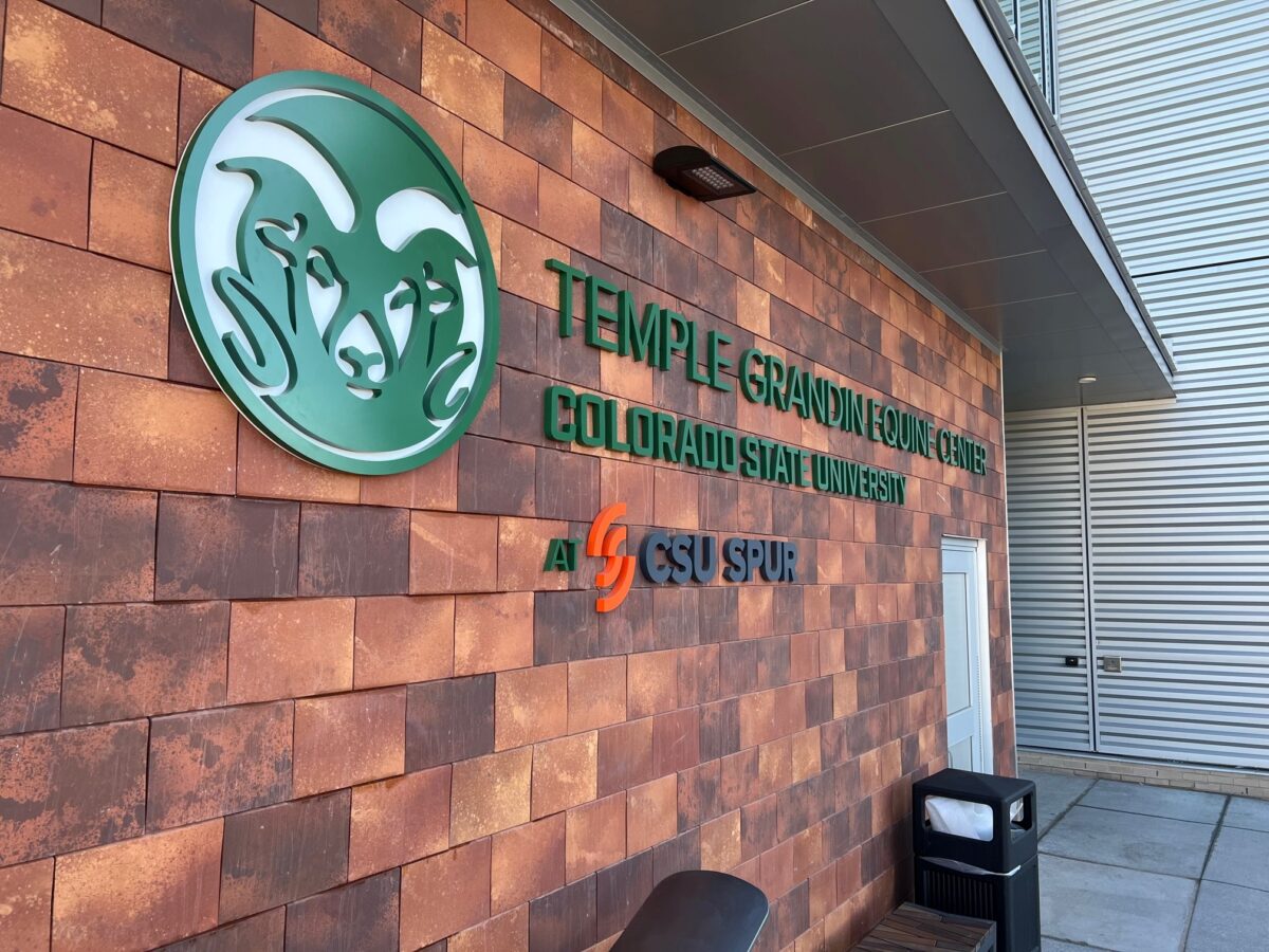 Exterior wall of the Temple Grandin Equine Center at Colorado State University. The wall features the CSU Rams logo and the facility's name in green text, along with the CSU Spur logo. A bench and trash can are visible near the entrance.