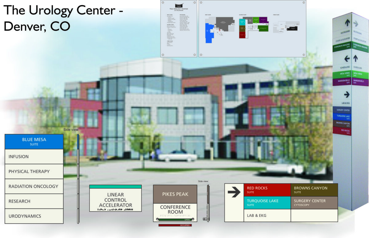A modern medical building labeled "The Urology Center - Denver, CO" with signs. Highlights include suites for Blue Mesa, Infusion, Physical Therapy, Radiation Oncology, Urodynamics, Liner Control Accelerator, Pikes Peak Conference Room, Red Rocks, Turquoise Lake, and Browns Canyon.