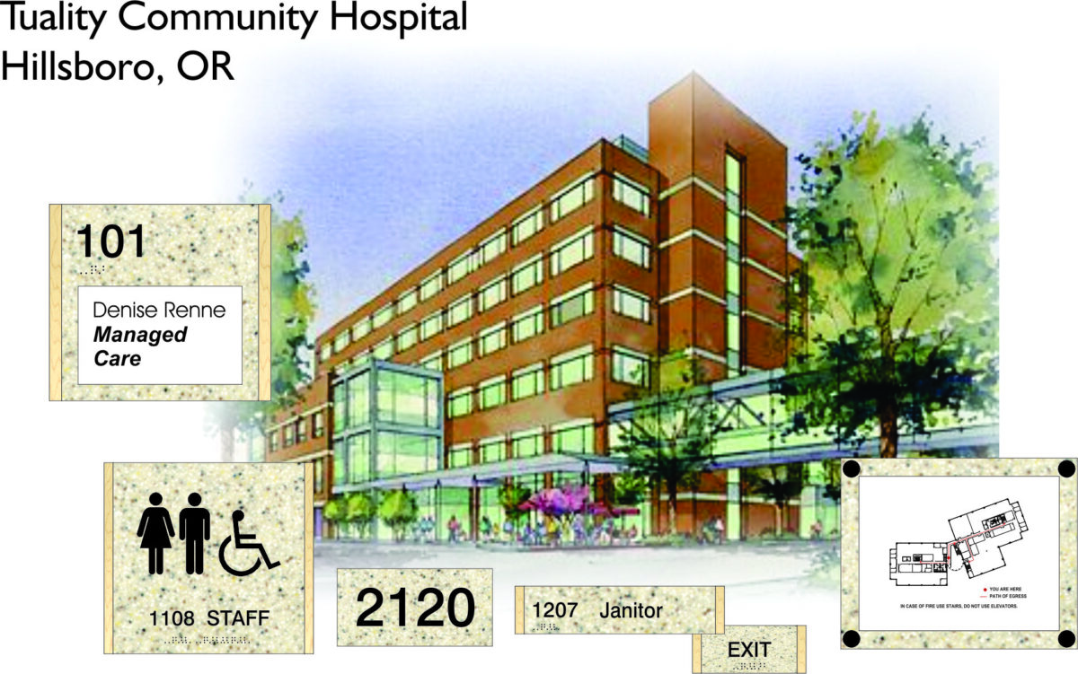 Illustration of Tuality Community Hospital in Hillsboro, OR, showing a multi-story building with surrounding greenery. Insets include room signs for "101 Denise Renne Managed Care," other rooms, employee counts, and a hospital map. ADA and exit signs are also pictured.