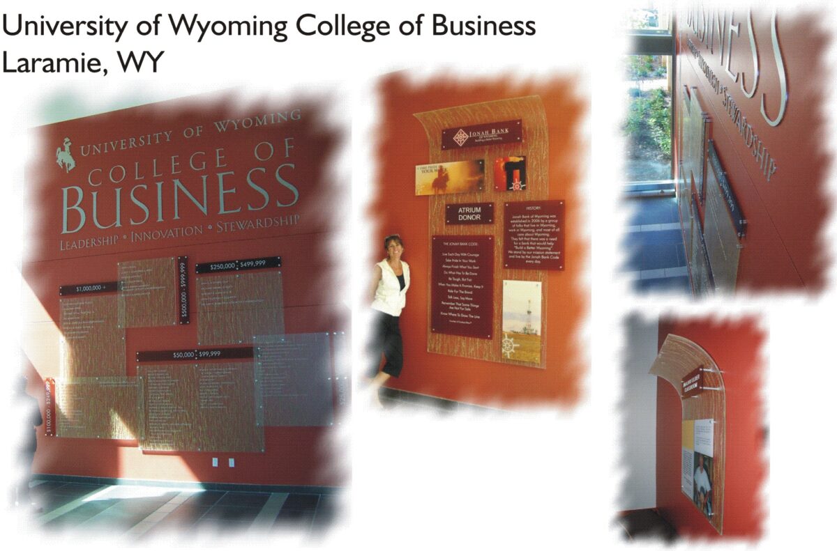 A collage of images showcasing the University of Wyoming College of Business. It features a red wall with informational plaques detailing leadership, innovation, and stewardship. A person poses next to one of the plaques. Sunlight filters in through large windows.