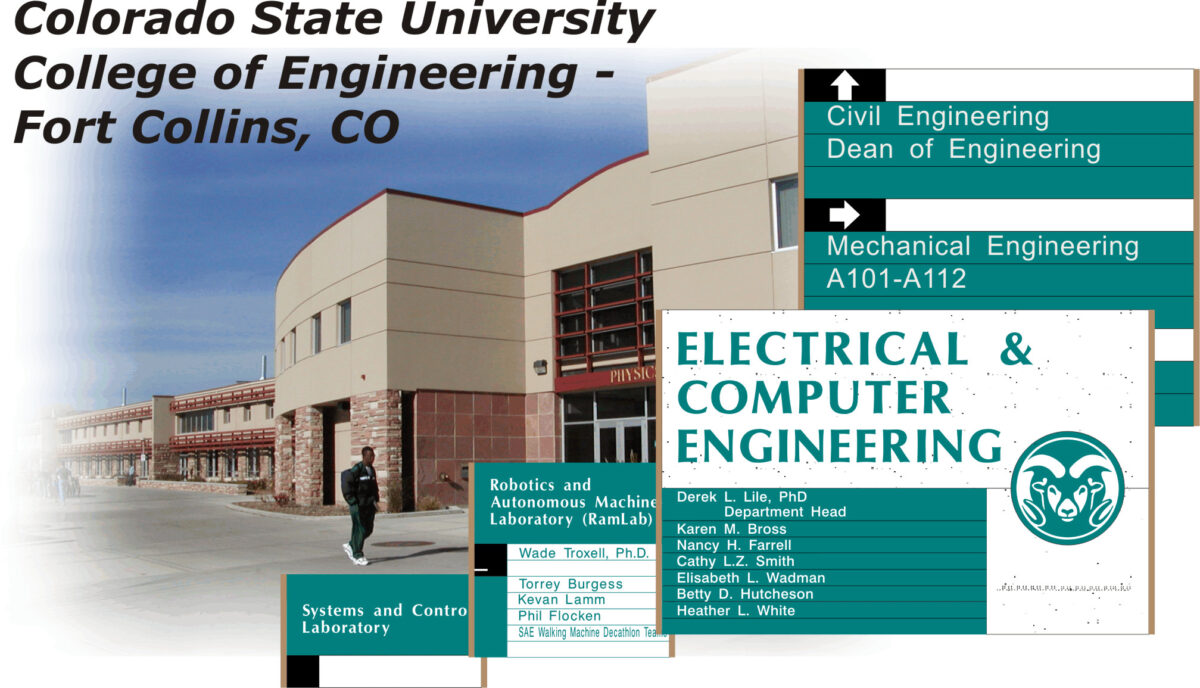 Image showing the exterior of Colorado State University's College of Engineering in Fort Collins, CO. Signs list various departments: Civil Engineering, Dean of Engineering, Mechanical Engineering, Electrical & Computer Engineering, Robotics and Autonomous Machine Laboratory, and Systems and Control Laboratory. Faculty names and room numbers are also displayed.