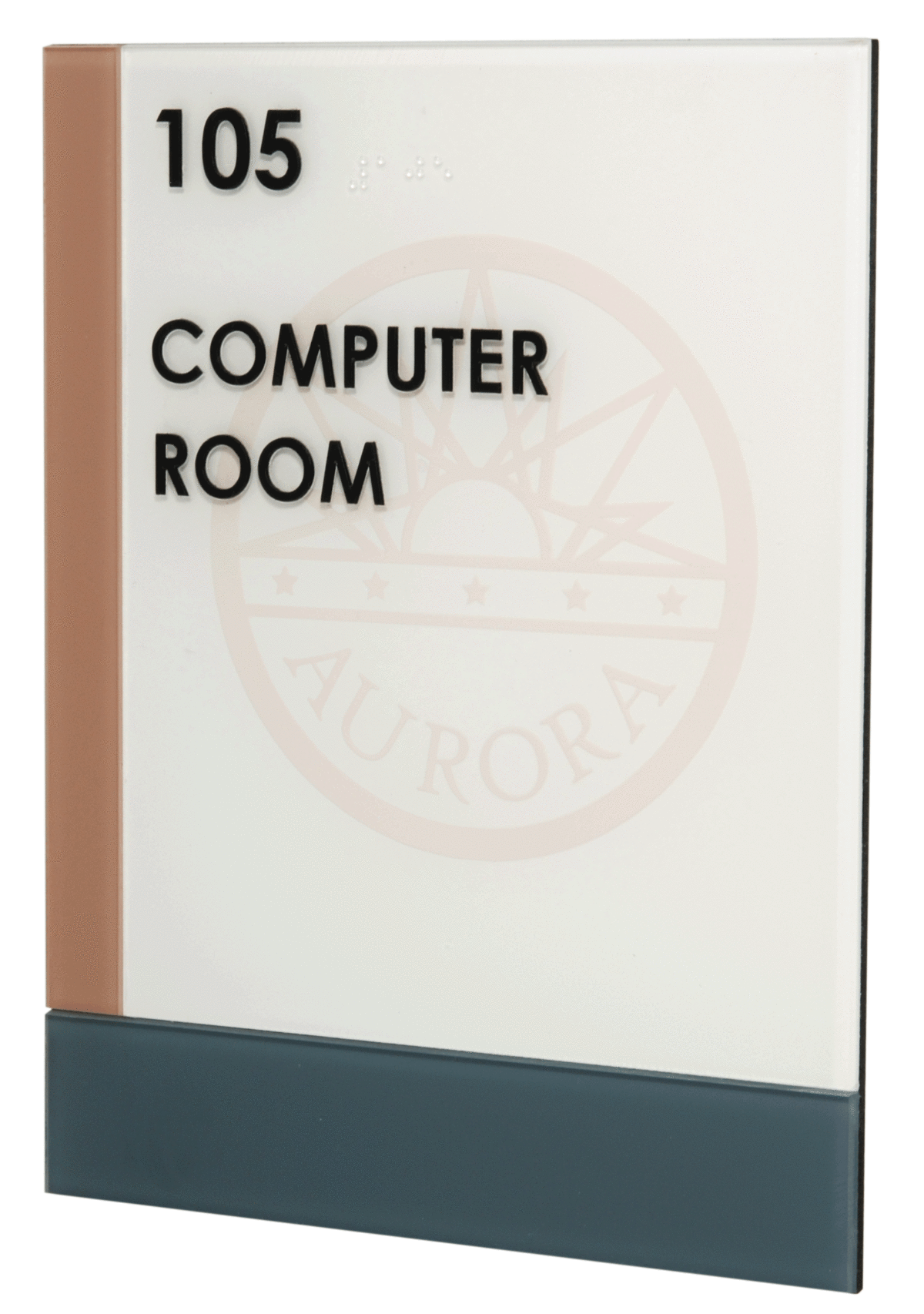 Sign on a wall labeled "105 COMPUTER ROOM" with a watermark of a logo in the background. The left side of the sign has a vertical brown stripe, and the bottom has a horizontal dark gray section.