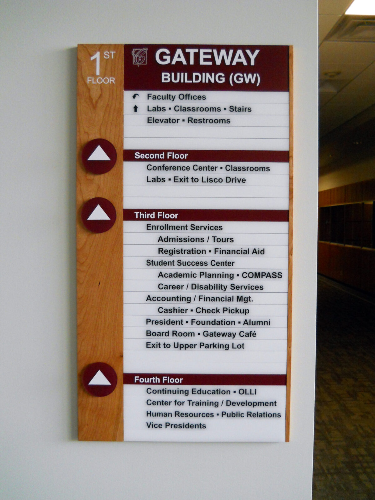 Directional sign for the Gateway Building (GW) detailing locations on four floors. First floor: Faculty Offices, Labs/Classrooms, Blairs, Elevator, Restrooms. Second floor: Conference Center, Classrooms, Labs, Exit to Luce Drive. Third floor: Enrollment Services, Admissions, Counseling, Registrar, Financial Aid, Student Success Center, Testing, Career Placement, Bookstore, Asher's Room, Career Pickup Policy, Exit to Lower Parking Lot. Fourth floor: Continuing Education, Center for Training, Development, Kathrine Sullivan Conferencing Room, Vice President's Office.