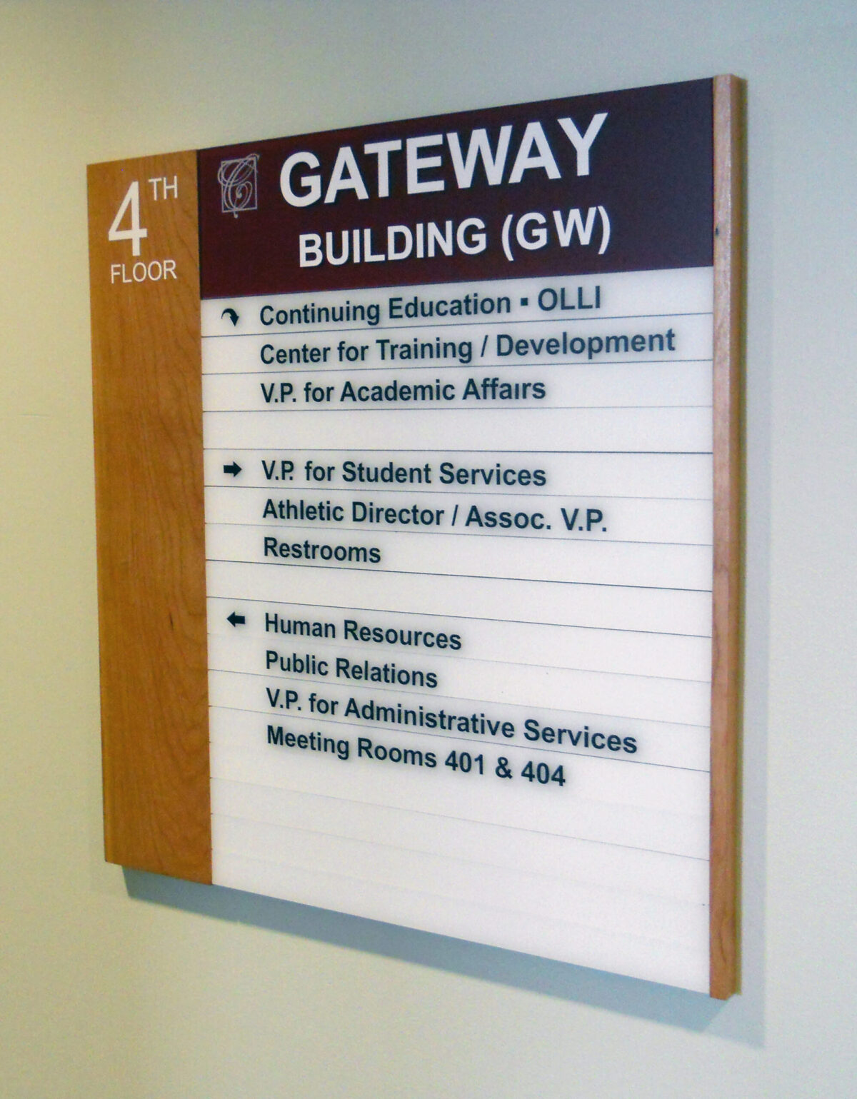A wall-mounted directory sign on the 4th floor of the Gateway Building (GW). Listings include Continuing Education, Center for Training/Development, VP for Academic Affairs, VP for Student Services, Athletic Director/Assoc. VP, Human Resources, Public Relations, VP for Administrative Services, and Meeting Rooms 401 & 404.