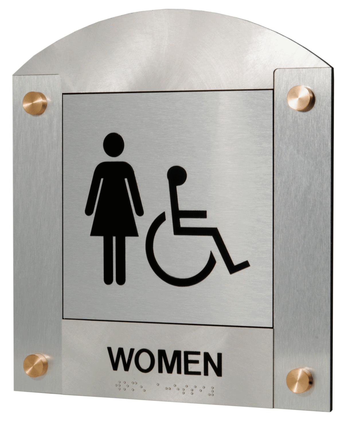 A silver restroom sign with braille text at the bottom. The sign features a symbol of a woman and a wheelchair user, indicating that the restroom is accessible for women and individuals with disabilities.