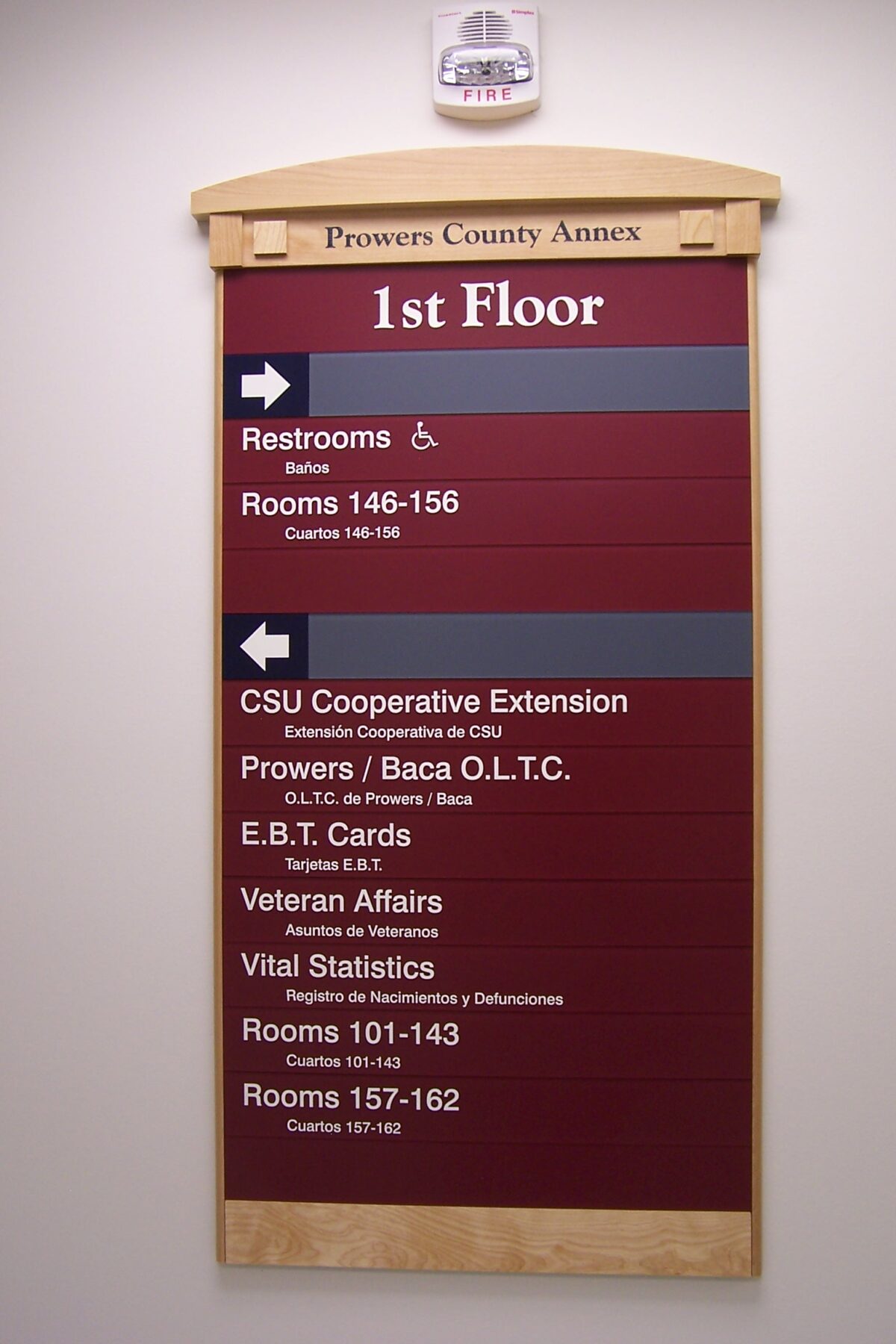 A directory sign for the 1st Floor of the Powers County Annex. It lists locations for restrooms, rooms 146-156, CSU Cooperative Extension, Prowers/Baca O.L.T.C, E.B.T. Cards, Veteran Affairs, Vital Statistics, and rooms 101-143 and 157-162.