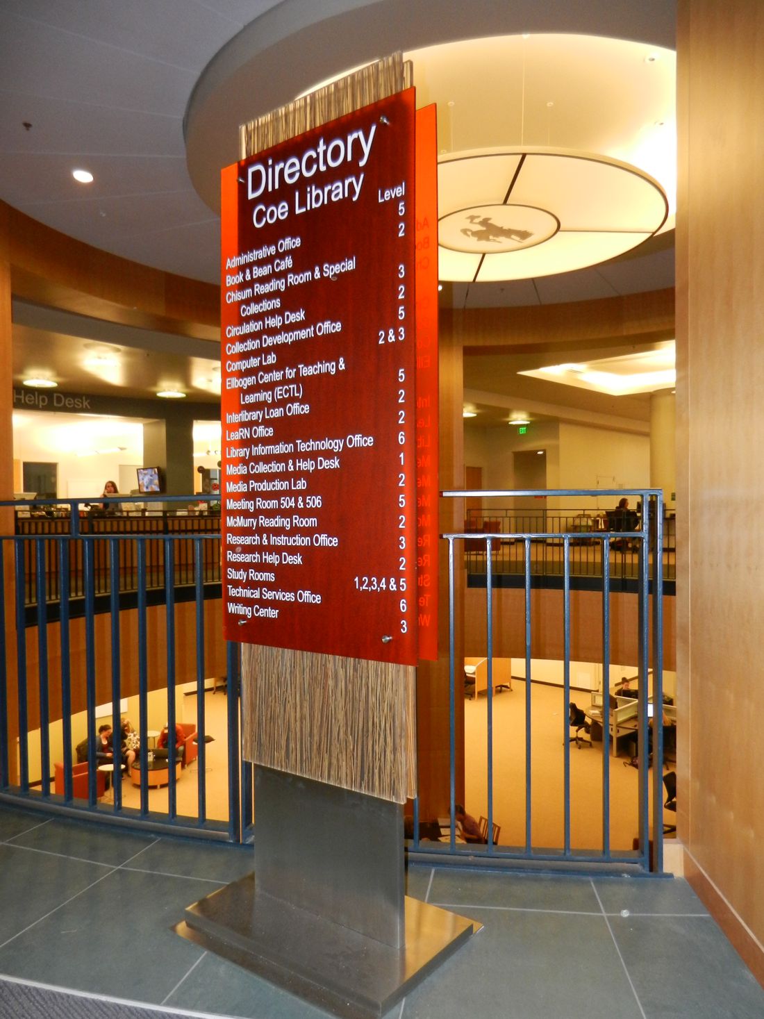 A vertical red directory sign with white text stands on a metal base in a spacious, modern building with multiple floors. The sign lists the locations of various offices and facilities within the Coe Library and features a wooden accent at the bottom.