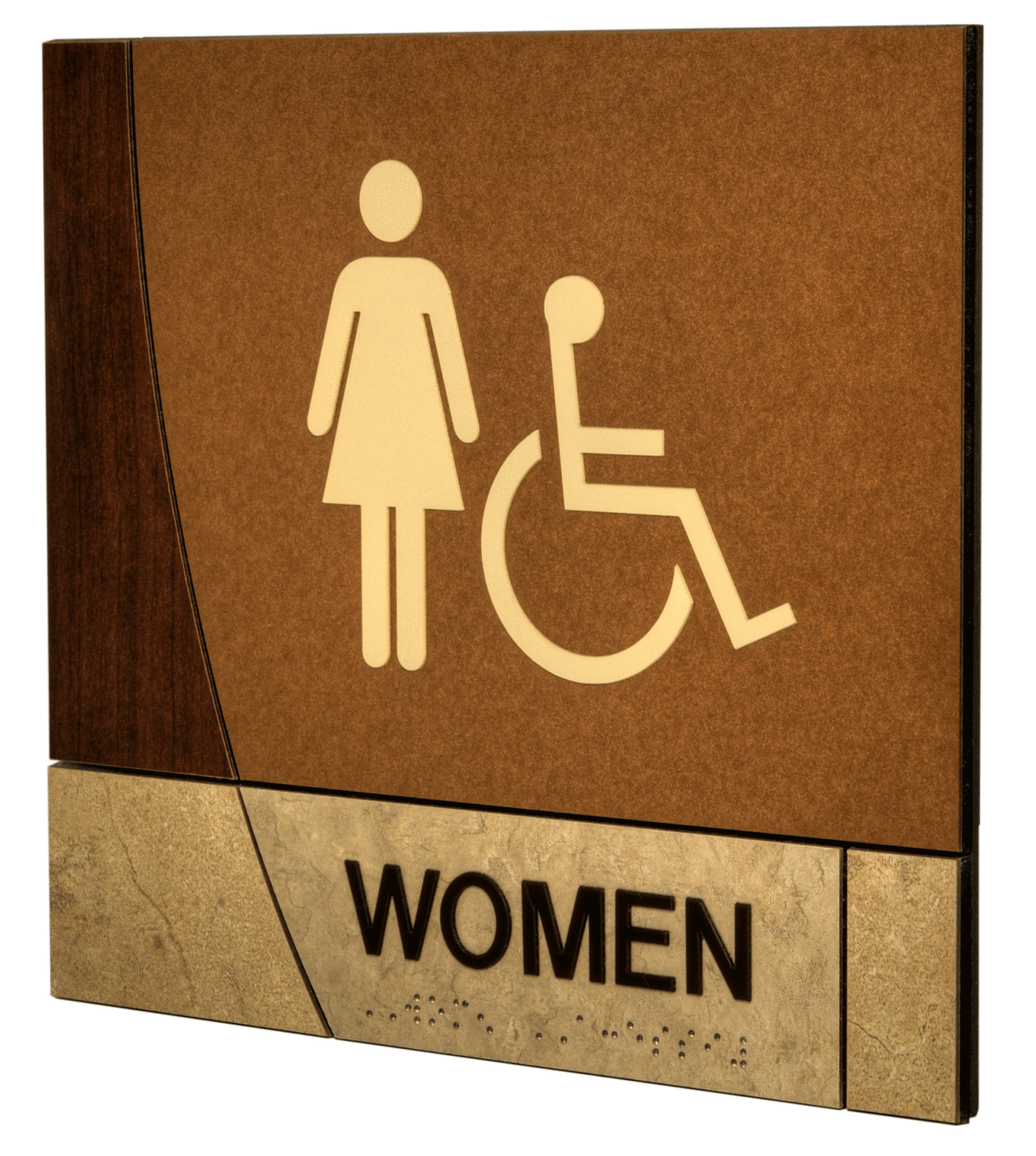 A restroom sign indicating facilities for women and individuals with disabilities. The sign features a female figure and a wheelchair symbol on a brown and beige background with the word "WOMEN" in bold text at the bottom.