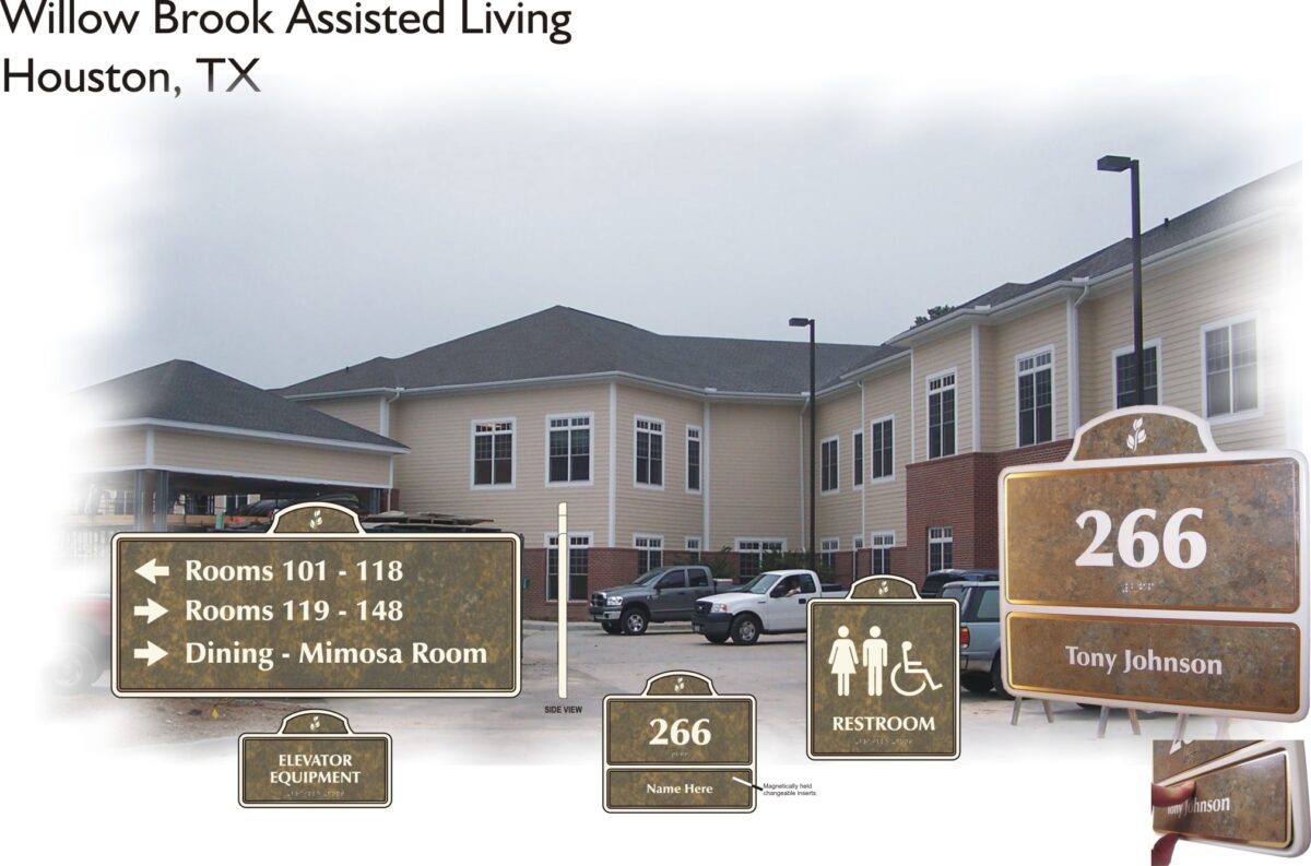 A large beige building with white trim identified as Willow Brook Assisted Living in Houston, TX. Signs indicate room numbers, dining area, restroom, and an elevator. A reserved parking spot is labeled "266 Tony Johnson." Several cars are parked in front.