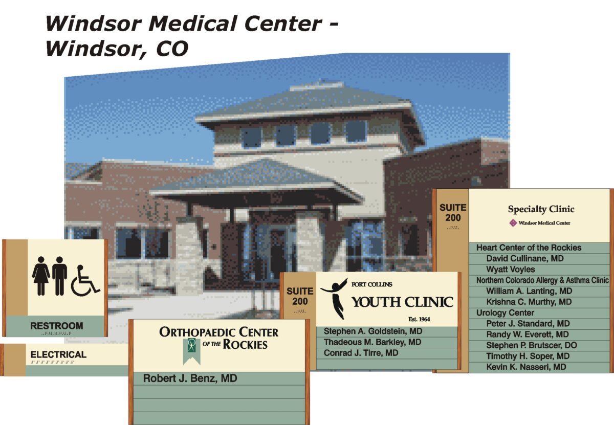 Image of Windsor Medical Center in Windsor, CO. The building is seen with a clear sky above. Signs detail several medical offices, including Orthopaedic Center of the Rockies, Fort Collins Youth Clinic, Medical Center of the Rockies, and specialty clinics.