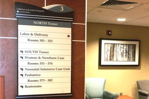 Directory sign at Littleton Adventist Hospital showing departments in the North and South Towers on the 3rd floor.