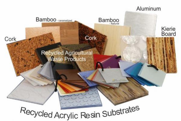 Assortment of sustainable materials including bamboo, cork, and recycled products used for construction and design purposes.