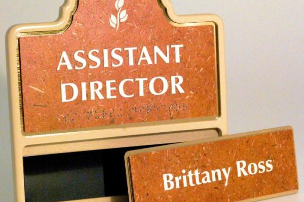 Elegant office sign reading 'Assistant Director' with the name 'Brittany Ross' on a smaller plate below.