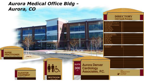 Image showing the Aurora Medical Office Building in Aurora, CO. The image includes signage for different offices and facilities such as a directory, Aurora Denver Cardiology Associates, P.C., nurse practitioner office, restroom, and elevator equipment.