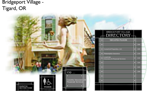 An image showing a woman running in front of a building at Bridgeport Village in Tigard, OR. Beside her is a directory listing various shops located on different floors, as well as symbols indicating accessible facilities.