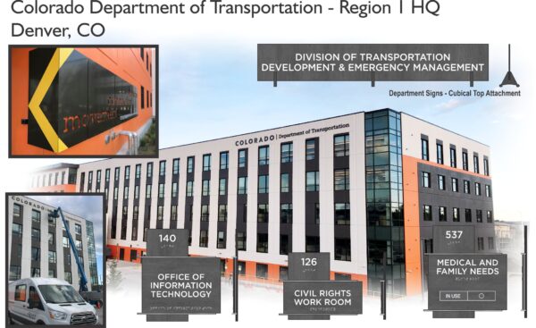 A multi-story building, labeled Colorado Department of Transportation, HQ, in Denver, CO. Multiple signs indicate various departments, including Office of Information Technology, Civil Rights Work Room, and Medical and Family Needs Room.