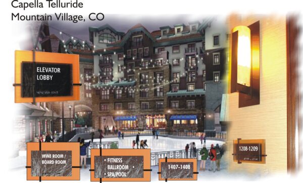 Image of Capella Telluride Mountain Village, CO. In front of a mountain lodge, five signs are displayed: "ELEVATOR LOBBY," "WINE ROOM / BOARD ROOM," "FITNESS BALLROOM / SPA/POOL," "1407-1408," and "1208-1209." One sign shows an illuminated wall sconce.