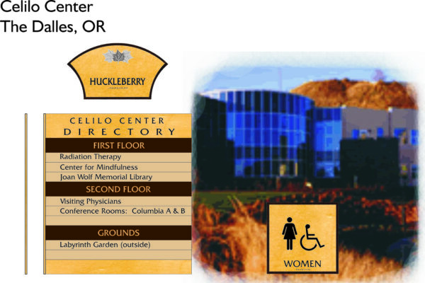 Directory sign for Celilo Center in The Dalles, OR. The first floor has Radiation Therapy, Center for Mindfulness, Joan Wolf Memorial Library. Second floor has Visiting Physicians and Conference Rooms: Columbia A & B. Grounds have a Labyrinth Garden. Restroom sign for women.