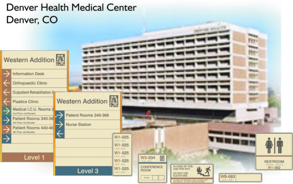 An exterior view of Denver Health Medical Center in Denver, CO. The image includes directional signage for various departments, patient rooms, nurse stations, a conference room, and restrooms within the Western Addition of the center.