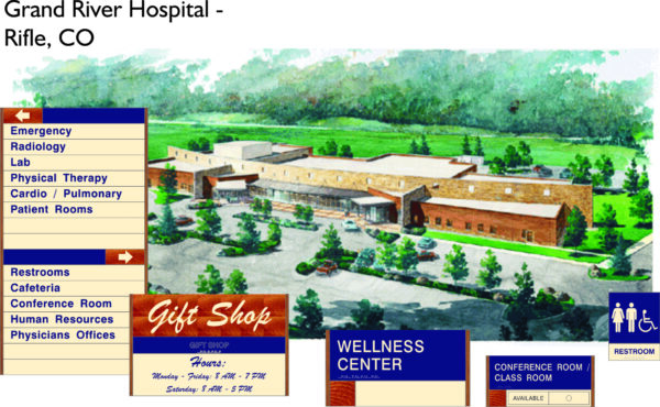 Illustration of Grand River Hospital in Rifle, CO, showing the hospital building surrounded by trees. Signage indicates various hospital departments, locations for restrooms, cafeteria, gift shop, wellness center, and conference rooms.