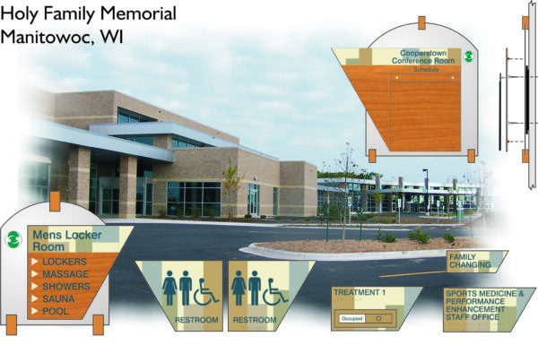 Image of the Holy Family Memorial building in Manitowoc, WI, with directional signs for various amenities including a men's locker room, restrooms, Cooperstown Conference Room, family changing area, treatment room, sports medicine, performance enhancement staff office, and parking lot in the foreground.