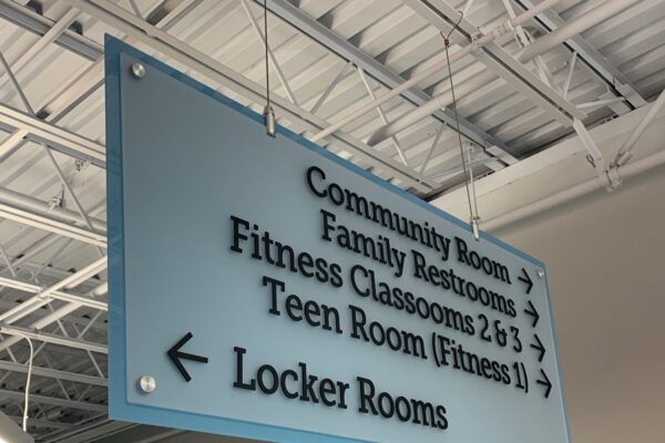 A blue directional sign hanging from the ceiling inside a building. The sign directs to various rooms: "Community Room" and "Family Restrooms" to the right, "Fitness Classrooms 2 & 3" and "Teen Room (Fitness 1)" also to the right, and "Locker Rooms" to the left.
