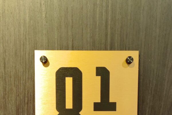 A gold rectangular plaque mounted on a dark wooden surface with the numbers "810" in large black font. The plaque is held in place by two screws, one at each upper corner.