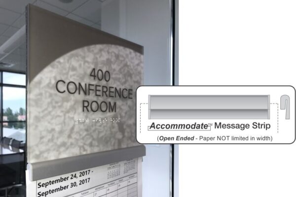 A room sign with "400 Conference Room" written on it. Below is a strip labeled "Accommodate Message Strip" with a note: "Open Ended - Paper NOT limited in width." There is a small calendar for September 24, 2017, to September 30, 2017, at the bottom.