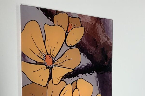 A rectangular wall sign with the number "202" in bold black font. The background features an artistic illustration of three large orange flowers with a mix of dark purple and brown colors.