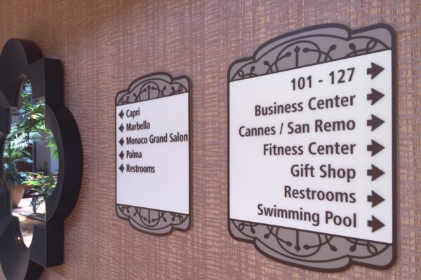 Two wall-mounted signage panels indicating directions in a facility. The left sign lists Capri, Murabella, Monaco Grand Salon, Primo, and Restrooms. The right sign points to rooms 101-127, Business Center, Cannes/San Remo, Fitness Center, Gift Shop, Restrooms, and Swimming Pool.