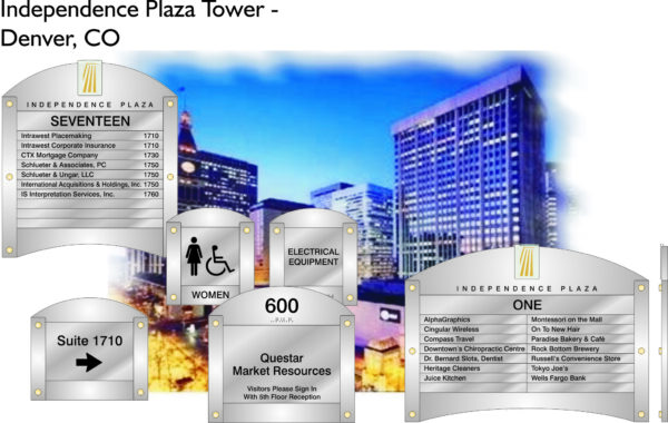 Image depicting various signs from Independence Plaza Tower in Denver, CO. Signs display floor listings, suite numbers, and directories, including "Suite 1710," "SEVENTEEN," and "ONE." Additionally, there's signage for women’s restrooms and electrical equipment.