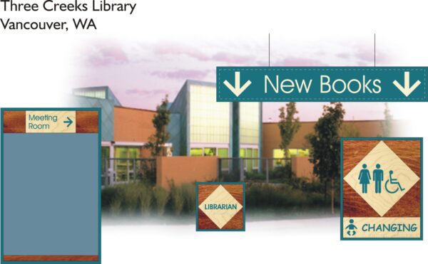A brick building with a "Classics" black circle on the right. The text on top left reads "UNC Music Library, Greeley, CO." The sign on the bottom left says "124 McMillen Room.