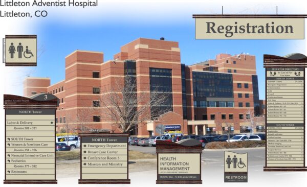 The image shows the facade of Littleton Adventist Hospital in Littleton, CO with a clear blue sky above. Various directional signs are placed in the foreground, including a sign for Registration, building directories, and a Health Information Management sign.