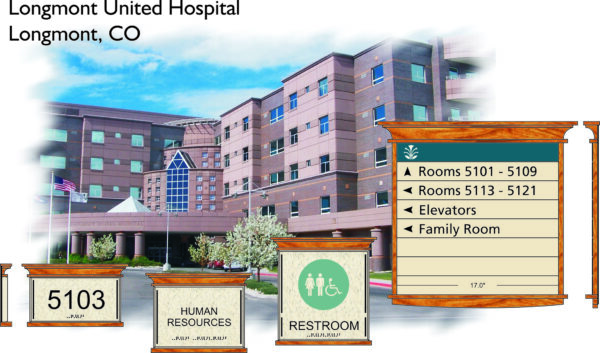 A large hospital building labeled "Longmont United Hospital, Longmont, CO" has signs showing room directions.