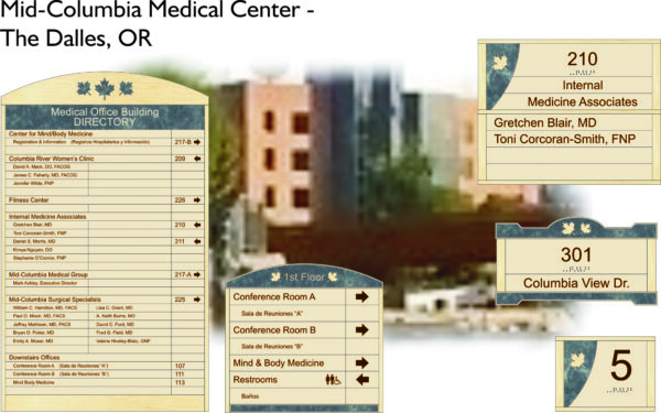 Directory and directional signage for Mid-Columbia Medical Center in The Dalles, OR. Includes office listings, floor information, and room numbers. Signs point to 210 Internal Medicine, 301 Columbia View Dr, Conference Room A, Mind & Body Medicine, and restrooms.