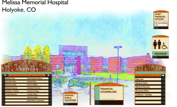 A directory display for Melissa Memorial Hospital in Holyoke, CO. It lists various departments and services, including medical clinics, financial counseling, cafeteria, restrooms, and more. Signs for the Chief Financial Officer and vending/public telephone are also visible.
