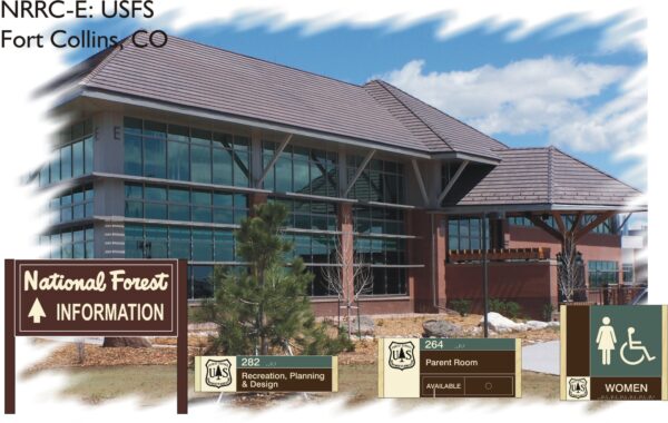 An image shows a modern, multi-story building with large windows and a sloped roof. The building is identified as part of the US Forest Service, located in Fort Collins, CO. Signage includes labels for "National Forest Information," "Parent Room," and "Women.