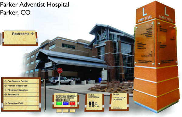 Composite image of Parker Adventist Hospital in Parker, CO. It shows the facility's exterior, restroom signage, a wooden signpost with hospital departments labeled (including Human Resources, Physician Services, and Restrooms), and information about infection control.