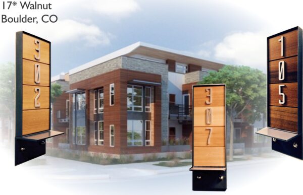 A modern multi-story building in Boulder, CO, features large windows and a mix of wood and concrete materials. Surrounding the building are three tall mailboxes, each labeled with different suite numbers: 302, 307, and 105. The address is 17° Walnut.