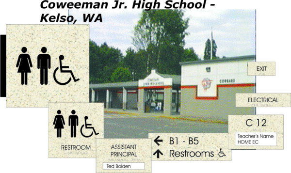 Image showing the exterior of Coweeman Jr. High School in Kelso, WA. Signage in the foreground points to restrooms (accessible), the assistant principal's office (Ted Bolden), and various rooms. There are also signs for an exit and electrical room.