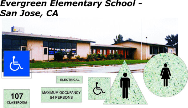 Image of a single-story building labeled "Evergreen Elementary School - San Jose, CA." Signs include a wheelchair symbol indicating accessibility, a green triangular sign with gender-neutral restroom symbols, a classroom number 107 sign, and occupancy and electrical labels.
