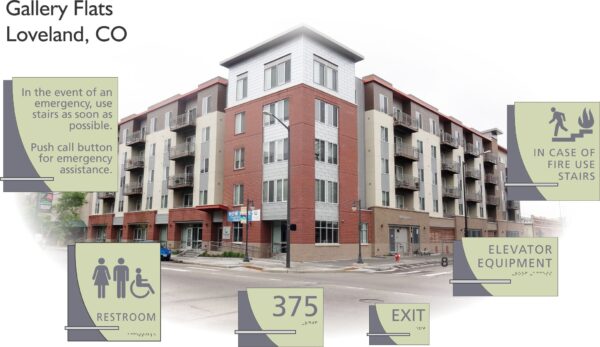 A modern, multi-story apartment building named Gallery Flats in Loveland, CO, with various safety and accessibility icons surrounding it, including instructions for emergency stairs, restroom accessibility, elevator equipment, floor number 375, and emergency exit directions.