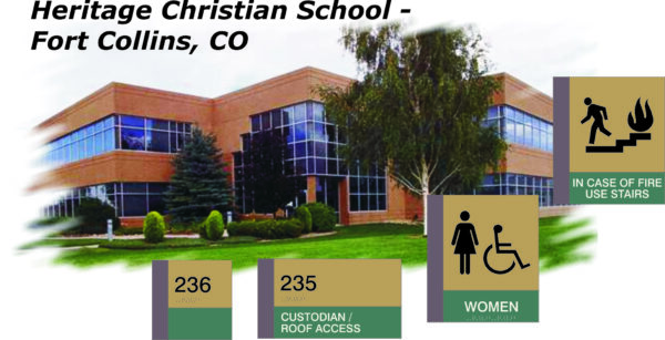 Image of a two-story building with a green lawn and trees in front, labeled "Heritage Christian School - Fort Collins, CO." Signage includes door numbers 236 and 235, a women's restroom sign, and a fire safety sign instructing to use stairs.