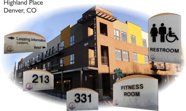 A multi-story building in Denver, CO, named Highland Place. Surrounding the building are signs displaying "Leasing Information," "Restroom" with icons for men, women, and wheelchair access, room numbers 213 and 331, and a "Fitness Room" sign.