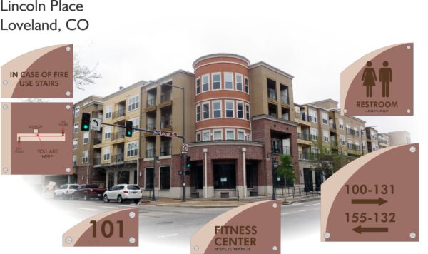 A multi-story apartment building with businesses on the ground floor, located at the intersection of Lincoln Place and an unnamed street in Loveland, CO. Surrounding the image are signage icons indicating stairs, restroom, apartment numbers, directions to the fitness center, and address 101.