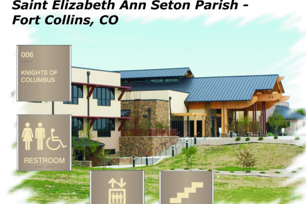 A modern building labeled "Saint Elizabeth Ann Seton Parish - Fort Collins, CO" with stairs leading to the entrance. Icons indicate the 006 Knights of Columbus room, wheelchair-accessible restroom, elevator, and stairs locations with braille included.