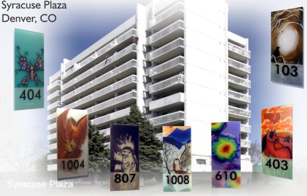 A multi-story building labeled "Syracuse Plaza, Denver, CO" is in the background. Overlaying the image are colorful artistic panels with different numbers: 404, 1004, 807, 1008, 610, 103, 403. The panels feature unique designs including animals and abstract art.