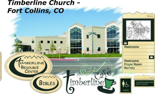 A modern, cream-colored church building with "Timberline Church - Fort Collins, CO" written above. Various signs indicate amenities such as Timberline Resource Center, Bibles, Timberline Cafe, restrooms, a prayer room, and a nursery.