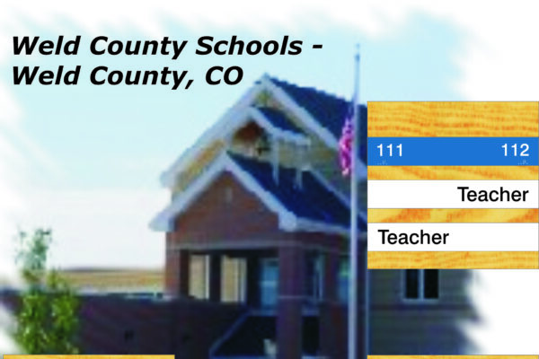 Image of an elementary school building with text overlay. Top: "Weld County Schools - Weld County, CO". Right: Door signs for offices "111 Teacher", "112 Teacher", and "110 Office". Bottom left: Blue restroom sign with male, female, and wheelchair icons. Text bottom: "Bella Romero Elementary".