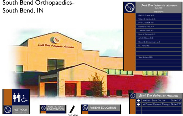 An exterior view of the South Bend Orthopaedics building in South Bend, IN, featuring a sign with the practice's name and logo. Inset panels show directory information for doctors and offices, as well as icons for restroom accessibility, patient registration, and education.
